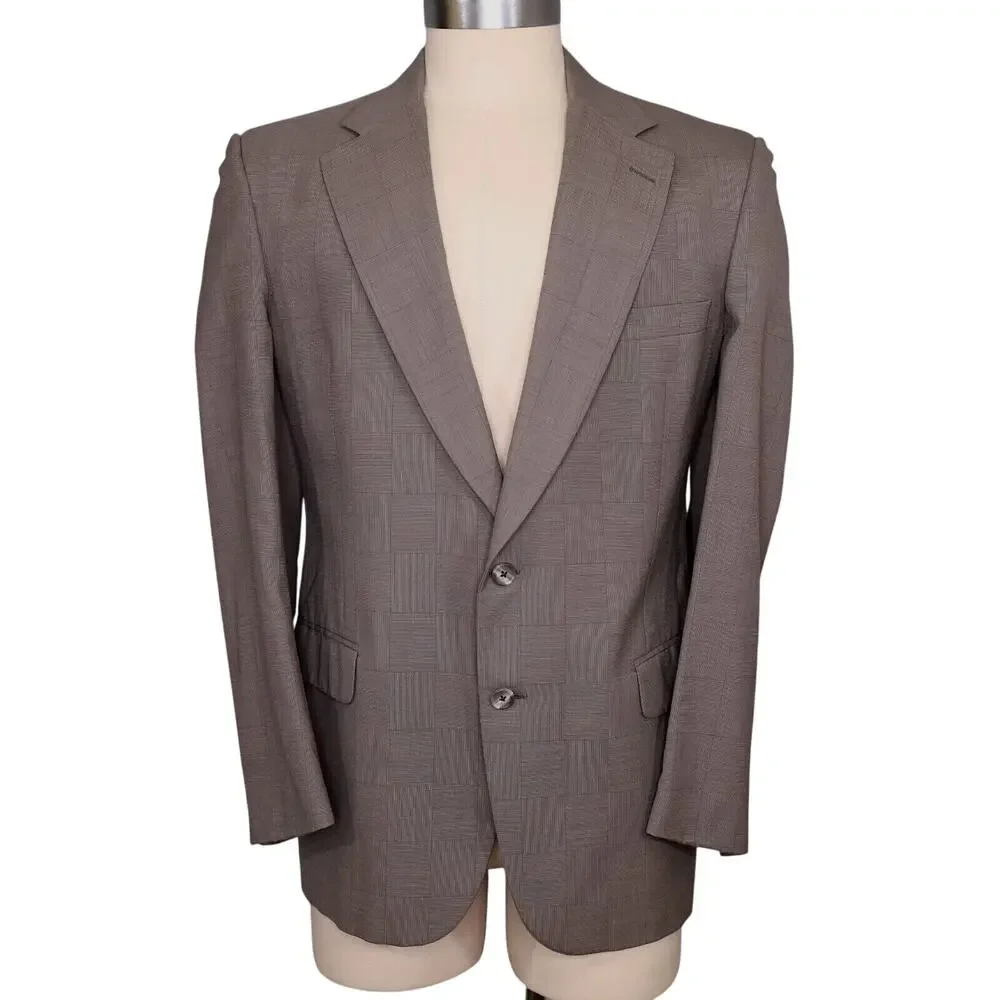 Burberrys Sport Coat Mens 43L Wool Beige Taupe Plaid Jacket Lined Blazer Vintage